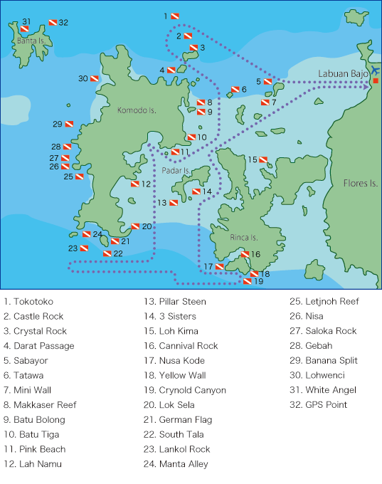 コモド諸島 ダイビングポイントマップ